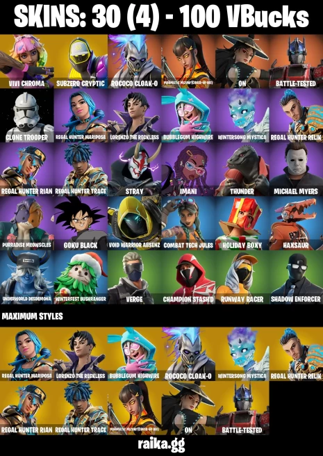 30 skins | Vivi Chroma | Subzero Cryptic | Rococo Cloak-o | Magmatic Mizuki (Cover-up Off) | On | Battle-Tested | A3259