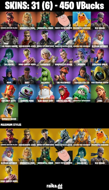 31 skins | Burning Ambition Valeria | Immortal Zeus | Immortal Form | Fancy Peter Griffin | Magmatic Poseidon | A3263