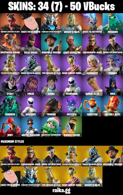34 skins | Burning Ambition Valeria | Fancy Peter Griffin | Harbinger Armor Omegarok | Knight's Helm | A3265
