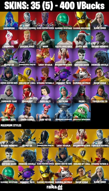 35 skins | Andromeda | Camo War Machine | Black Panther (Shuri) | Illusory Mysterio | Classic Peelverine | Black Queen | A3272