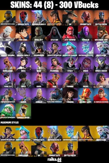 44 skins | Kylo Ren | Son Goku | Master Chief (Matte Black) | Combat Elite | Rococo Cloak-o | A3275