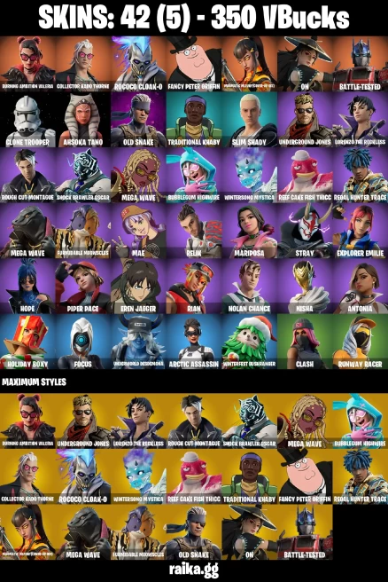 42 skins | Eren Jaeger | Burning Ambition Valeria | Collector Kado Thorne | Rococo Cloak-o | Fancy Peter Griffin | A3278