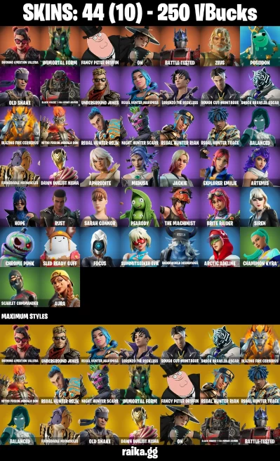 44 skins | Burning Ambition Valeria | Immortal Form | Fancy Peter Griffin | On | Battle-Tested | Zeus | Poseidon | A3285