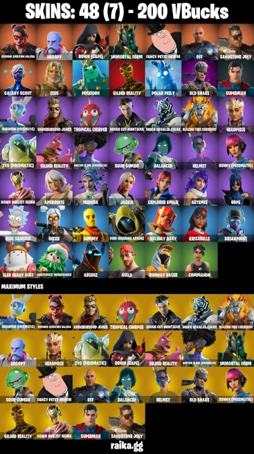 48 skins | Burning Ambition Valeria | Droopy | Ronin (Cape) | Immortal Form | Fancy Peter Griffin | off | Sandstone Joey | A3289