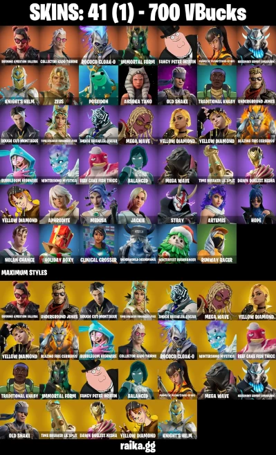 41 skins | Burning Ambition Valeria | Collector Kado Thorne | Rococo Cloak-o | Immortal Form | Fancy Peter Griffin | A3290