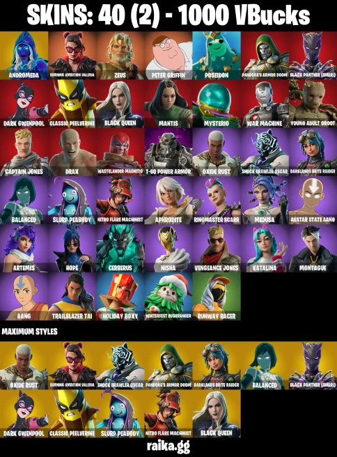 40 skins | Peter Griffin | Andromeda | Burning Ambition Valeria | Zeus | Poseidon | Pandora's Armor Doom | A3298