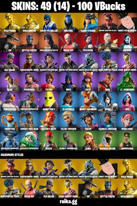 49 skins | Gold Midas | Gold Brutus | Tsuki | Point Patroller | Sultura | Cloud Striker | Burning Ambition Valeria | A3299