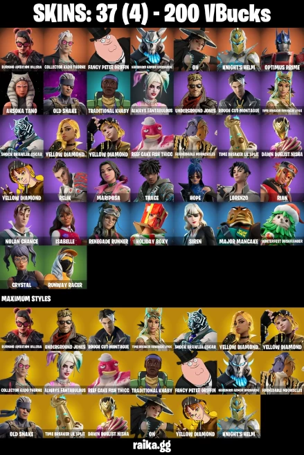 37 skins | Burning Ambition Valeria | Collector Kado Thorne | Fancy Peter Griffin | Harbinger Armor Omegarok | On | A3302