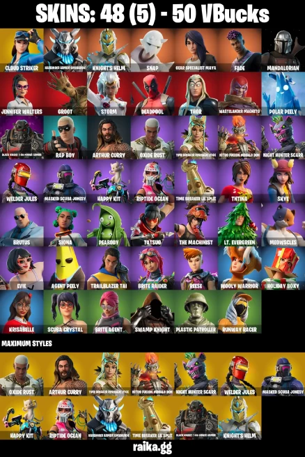 48 skins | Mandalorian | Cloud Striker | Harbinger Armor Omegarok | Knight's Helm | Snap | Gear Specialist Maya | Fade | A3305