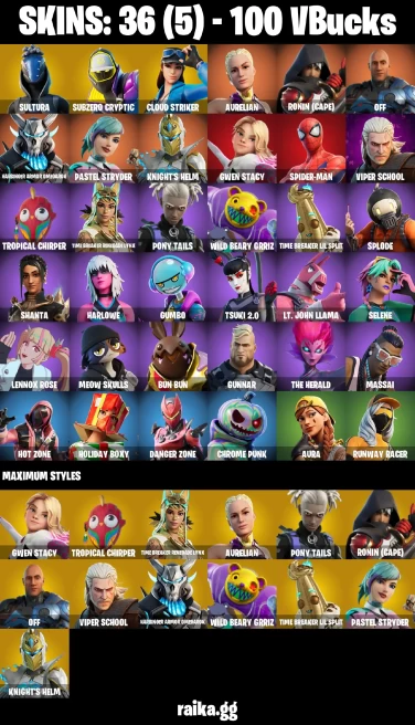 36 skins | Spider-Man | Sultura | Subzero Cryptic | Cloud Striker | Aurelian | Ronin (Cape) | off | A3306