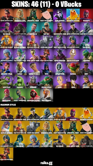46 skins | Burning Ambition Valeria | Immortal Zeus | Immortal Form | Fancy Peter Griffin | Dark Bomber | A3313