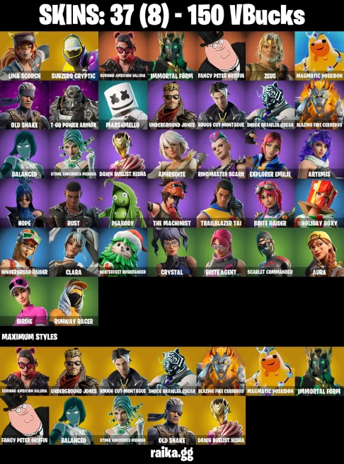 37 skins | Lina Scorch | Subzero Cryptic | Burning Ambition Valeria | Immortal Form | Fancy Peter Griffin | Zeus | A3314