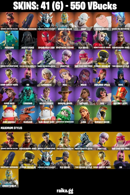 41 skins | Peter Griffin | Spider-Man Zero | Burning Ambition Valeria | Solitary Defender | Harbinger Armor Omegarok | A3330