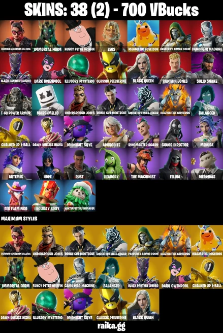 38 skins | Burning Ambition Valeria | Immortal Form | Fancy Peter Griffin | Zeus | Magmatic Poseidon | A3334