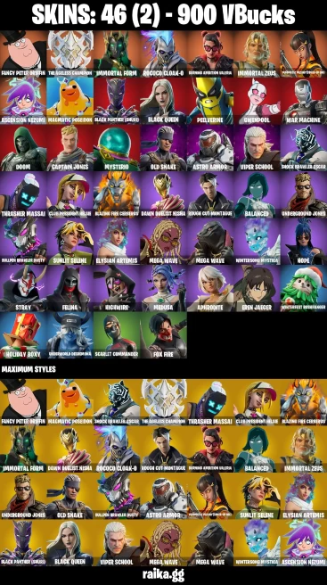 46 skins | Eren Jaeger | Fancy Peter Griffin | The Ageless Champion | Immortal Form | Rococo Cloak-o | A3337