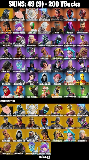 49 skins | Skull Trooper | Huntmaster Saber | Fancy Peter Griffin | The Ageless Champion | Rococo Cloak-o | A3338