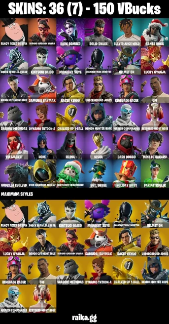 36 skins | Fancy Peter Griffin | Burning Ambition Valeria | Dark Bomber | Solid Snake | Slayer Juice WRLD | Santa Dogg | A3346