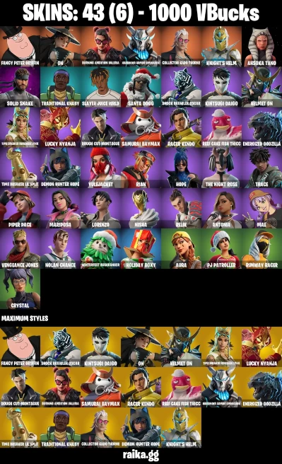 43 skins | Fancy Peter Griffin | On | Burning Ambition Valeria | Harbinger Armor Omegarok | Collector Kado Thorne | A3349
