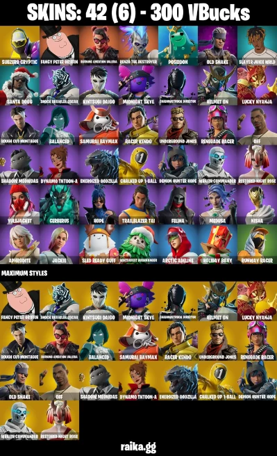 42 skins | Subzero Cryptic | Fancy Peter Griffin | Burning Ambition Valeria | Renzo the Destroyer | Poseidon | Old Snake | A3351