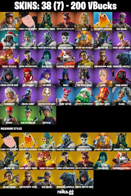 38 skins | Lina Scorch | Fancy Peter Griffin | Immortal Form | Burning Ambition Valeria | Zeus | Magmatic Poseidon | A3352