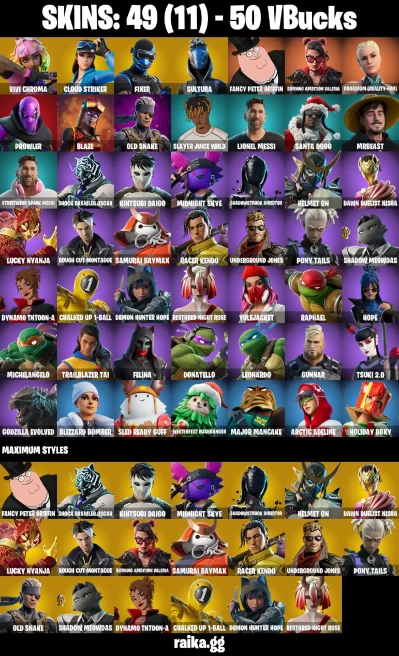 49 skins | Vivi Chroma | Cloud Striker | Fixer | Sultura | Fancy Peter Griffin | Burning Ambition Valeria | A3354