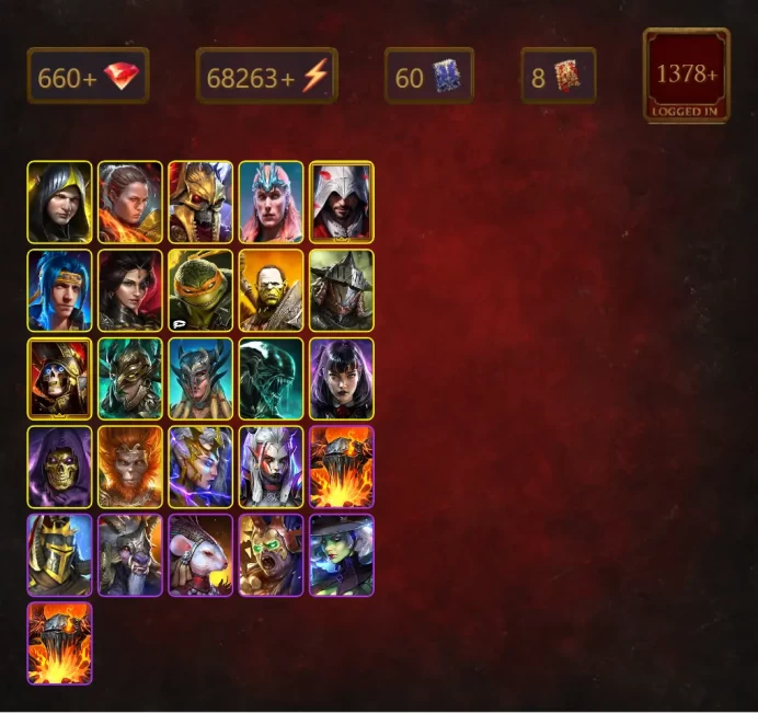 [STARTER]Nekhret+Ninja+Aleksandr+Ronda+Loki+Ezio Auditore+Adelyn+Michelangelo+Artak+Rathalos+Deathknight+53Epics