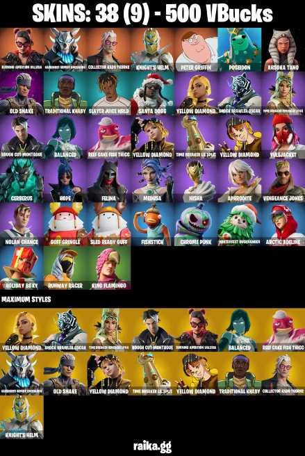 38 skins | Peter Griffin | Burning Ambition Valeria | Harbinger Armor Omegarok | Collector Kado Thorne | Knight's Helm | A3358