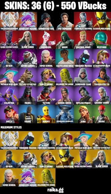 36 skins | The Ageless Champion | Ascension Nezumi | Apprentice Evie | Poe Dameron | Camo War Machine | A3366