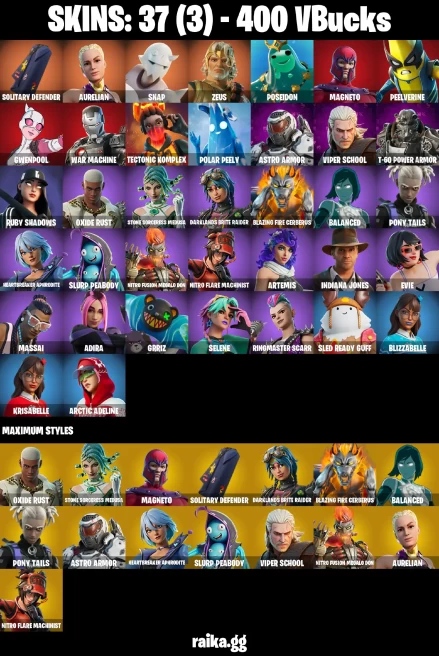 37 skins | Solitary Defender | Aurelian | Snap | Zeus | Poseidon | Magneto | Peelverine | Gwenpool | War Machine | A3369