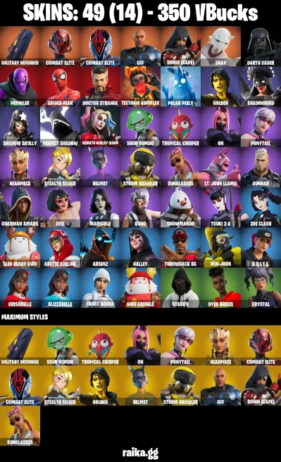 49 skins | Spider-Man | Solitary Defender | Combat Elite | Combat Elite | off | Ronin (Cape) | Snap | Darth Vader | A3400