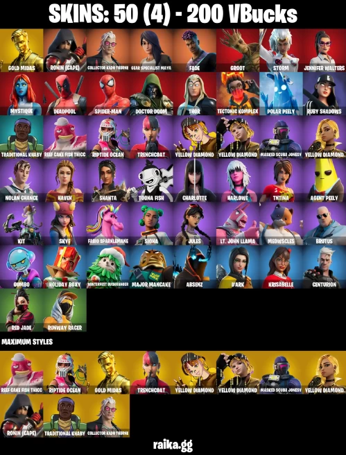 50 skins | Gold Midas | Spider-Man | Ronin (Cape) | Collector Kado Thorne | Gear Specialist Maya | Fade | Groot | Storm | A3407