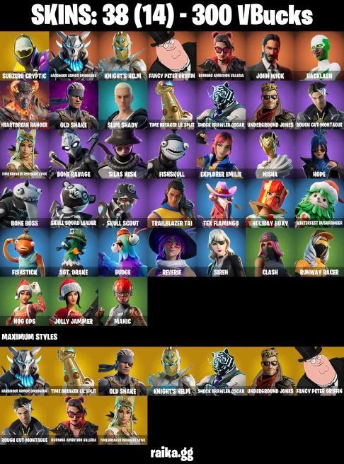 38 skins | John Wick | Subzero Cryptic | Harbinger Armor Omegarok | Knight's Helm | Fancy Peter Griffin | A3409