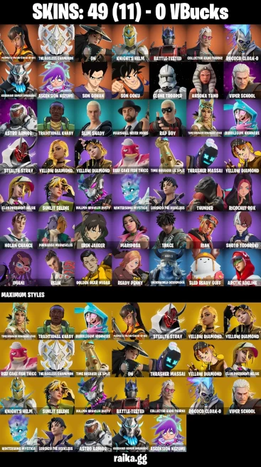 49 skins | Son Goku | Eren Jaeger | Magmatic Mizuki (Cover-up Off) | The Ageless Champion | On | Knight's Helm | A3410