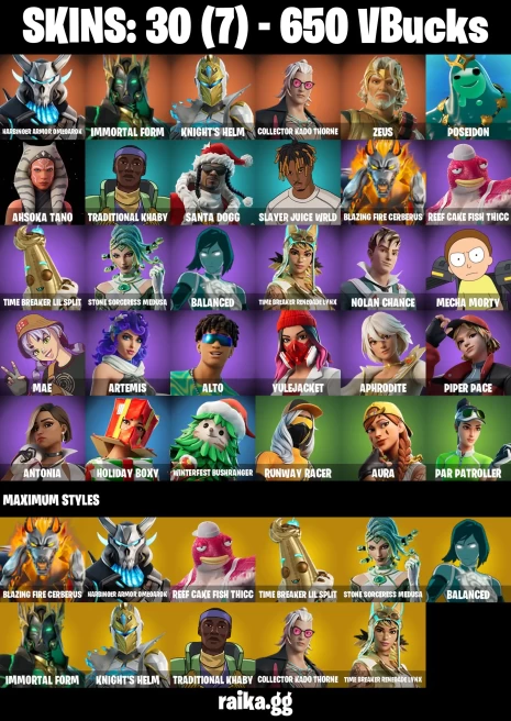 30 skins | Harbinger Armor Omegarok | Immortal Form | Knight's Helm | Collector Kado Thorne | Zeus | Poseidon | A3414