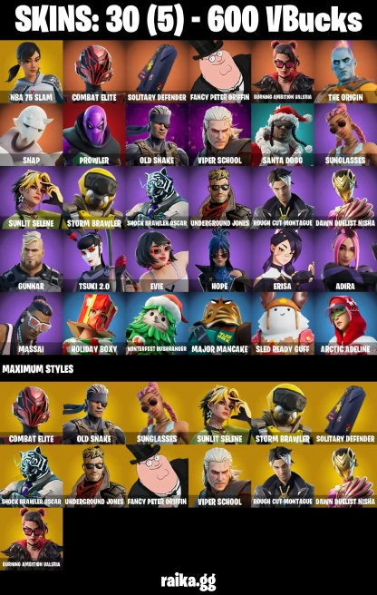 30 skins | NBA 75 Slam | Combat Elite | Solitary Defender | Fancy Peter Griffin | Burning Ambition Valeria | The Origin | A3417