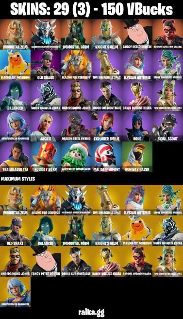 29 skins | Immortal Zeus | Harbinger Armor Omegarok | Immortal Form | Knight's Helm | Fancy Peter Griffin | A3419