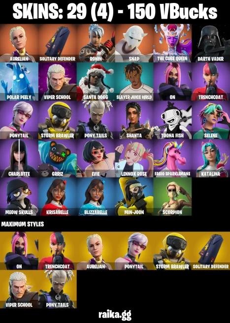 29 skins | Aurelian | Solitary Defender | Ronin | Snap | The Cube Queen | Darth Vader | Polar Peely | Viper School | A3423