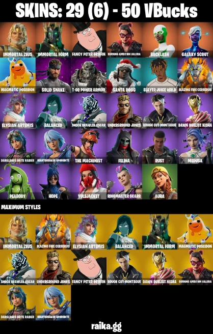 29 skins | Immortal Zeus | Immortal Form | Fancy Peter Griffin | Burning Ambition Valeria | Backlash | Galaxy Scout | A3427