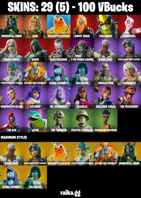 29 skins | Immortal Form | Zeus | Magmatic Poseidon | Ghost Rider | Peelverine | Gwenpool | Emma Frost | Doom | A3452