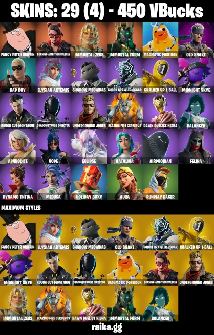 29 skins | Fancy Peter Griffin | Burning Ambition Valeria | Immortal Zeus | Immortal Form | Magmatic Poseidon | A3460