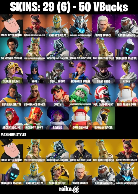 29 skins | Fancy Peter Griffin | Burning Ambition Valeria | Knight's Helm | Harbinger Armor Omegarok | Viper School | A3463