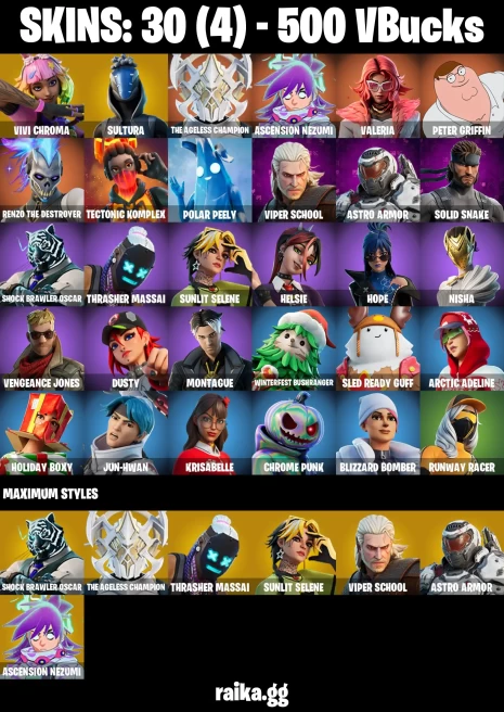 30 skins | Peter Griffin | Vivi Chroma | Sultura | The Ageless Champion | Ascension Nezumi | Valeria | A3470