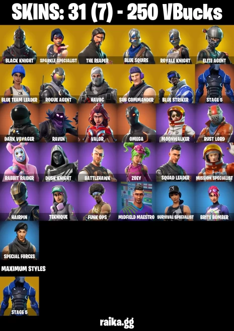 31 skins | Black Knight | Sparkle Specialist | The Reaper | Royale Knight | Blue Squire | Take The L | Floss | A3483