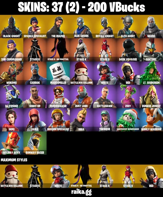 37 skins | Black Knight | Sparkle Specialist | The Reaper | Royale Knight | Blue Squire | Take The L | Floss | A3489