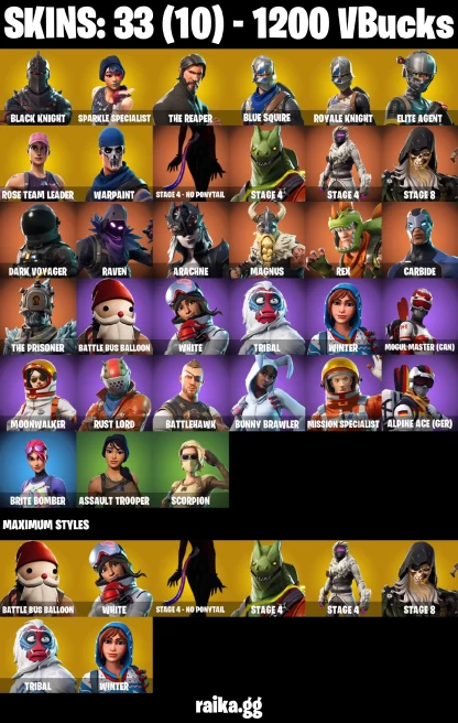 33 skins | Black Knight | Sparkle Specialist | The Reaper | Royale Knight | Blue Squire | Take The L | Floss | A3496