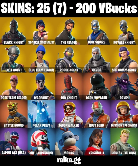 25 skins | Black Knight | Sparkle Specialist | The Reaper | Royale Knight | Blue Squire | Take The L | Floss | A3504