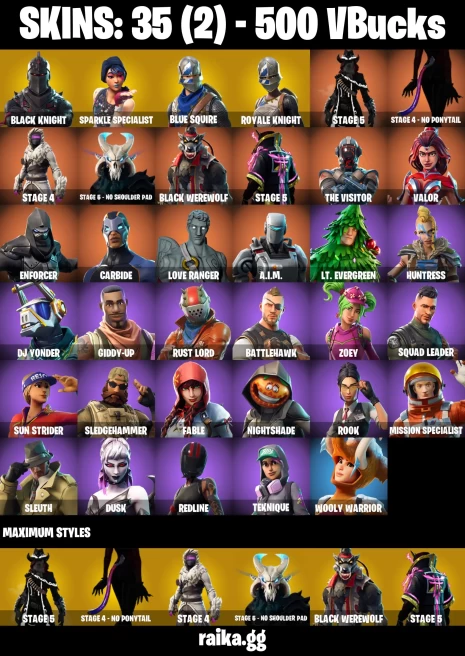 35 skins | Black Knight | Sparkle Specialist | Royale Knight | Blue Squire | Take The L | Floss | Orange Justice | A3514