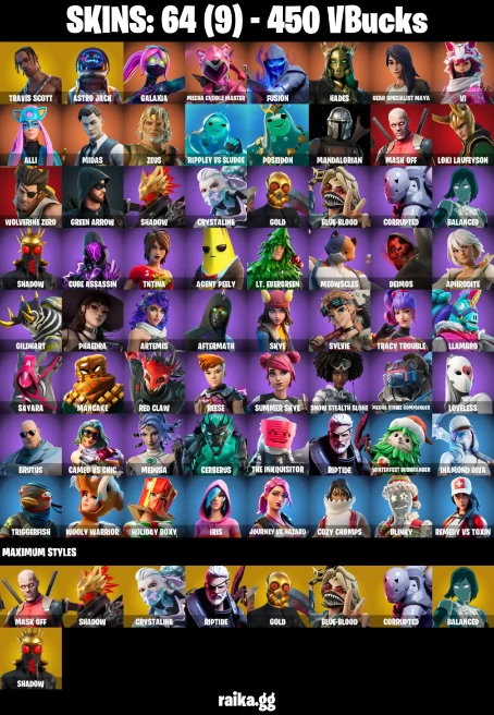64 skins | Travis Scott | Astro Jack | Astroworld Cyclone | Mandalorian | Galaxia | Mecha Cuddle Master | Fusion | Hades | A3516