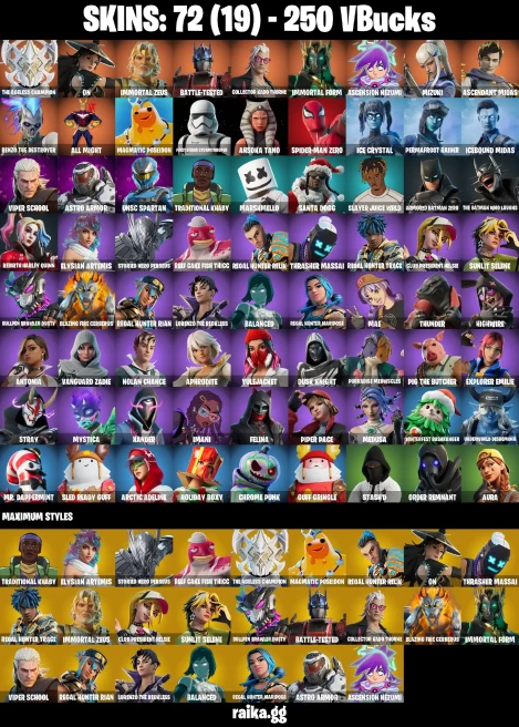 72 skins | Mizuki | Spider-Man Zero | The Ageless Champion | On | Immortal Zeus | Battle-Tested | Collector Kado Thorne | A3575