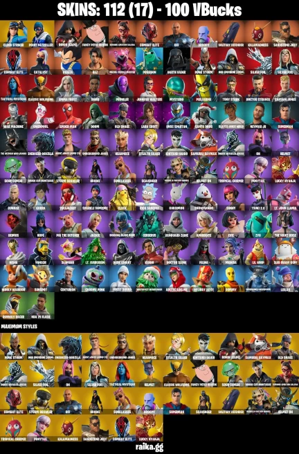 112 skins | Lara Croft | Spider-Man | Cloud Striker | Point Patroller | Ronin (Cape) | Fancy Peter Griffin | A3576